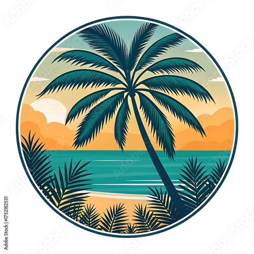 Summer Background Flat lay of green coconut palm leaves over sand,