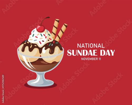 National Sundae Day vector. Chocolate ice cream cup. Decorated ice cream sundae vector. Chocolate sundae with cherry on a pink background.