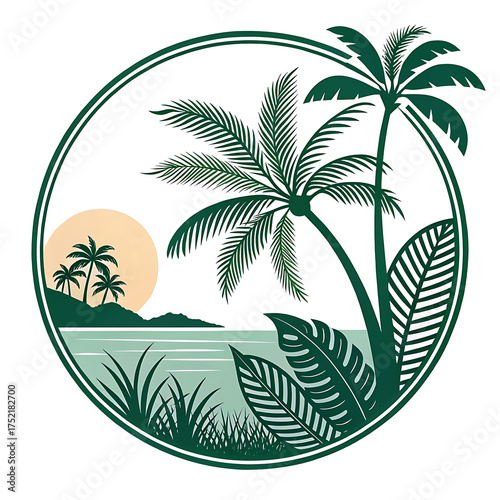 Summer Background Flat lay of green coconut palm leaves over sand,