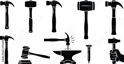 Hammer and Justice Icon Set silhouette