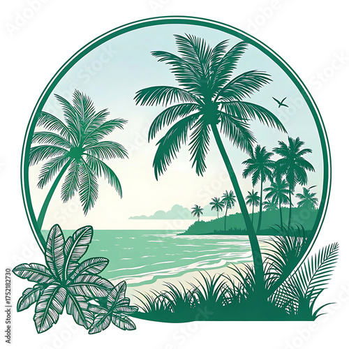 Summer Background Flat lay of green coconut palm leaves over sand,