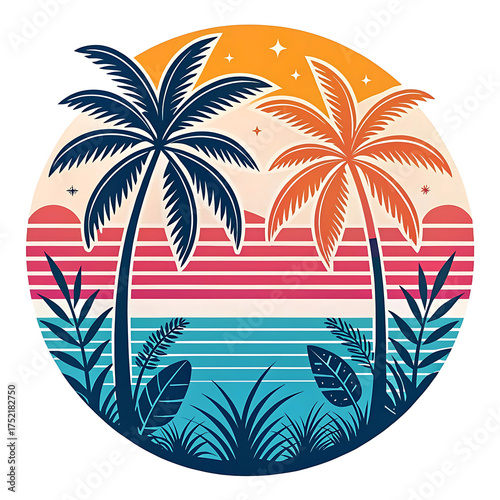 Summer Background Flat lay of green coconut palm leaves over sand,