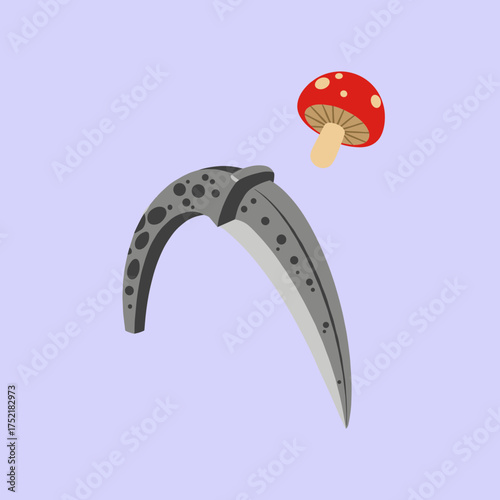 Sickle and Mushroom Minimalist Illustration on Solid Background.