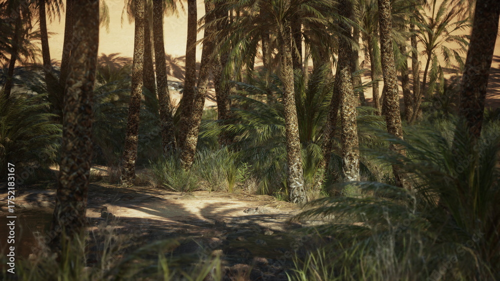 Fototapeta premium Wander down a serene dirt path lined with tall palm trees and vibrant greenery, bathed in the soft glow of a warm sunset over the desert landscape, inviting adventure and peace.