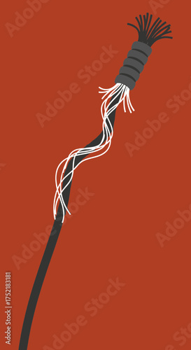 Close up of a damaged electrical wire with exposed copper and insulation frayed.