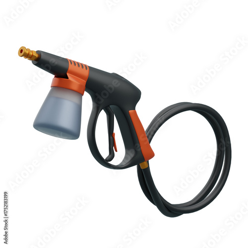 Black and Orange Pressure Washer Spray Gun With Hose and Transparent Soap Dispenser Attachment For Cleaning Tasks And Car Washing With Isolated Background