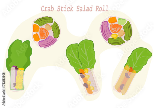  Crab stick salad roll in Thai means "Crab stick salad roll" vector illustration of healthy food.
