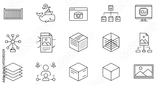 Collection of technology and data icons isolated on transparent background