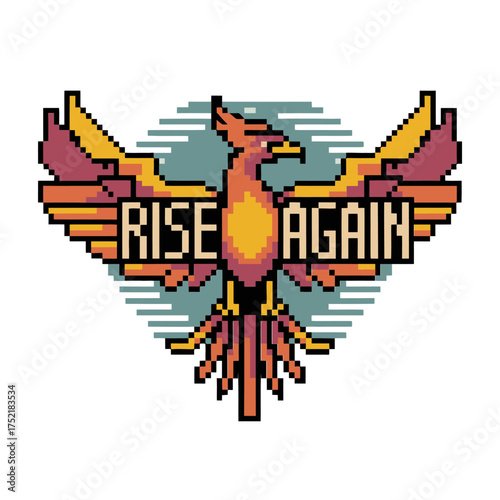 Pixel art phoenix emblem, rise again lettering, retro arcade style, nostalgic comeback symbol, vibrant gaming brand vector