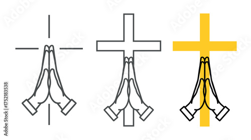 Icon of prayer with a cross. Emoji of clasped hands, palms. Symbol of request, apology, or gratitude. Pictogram for "please," "thank you," or "thank you." Christian hands gesture or Thanksgiving Day.