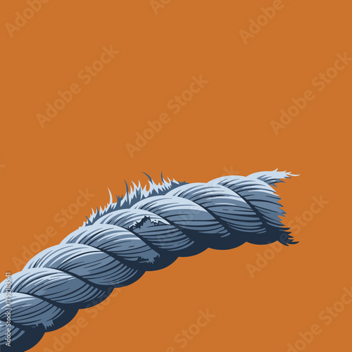 A detailed close up of a thick blue twisted rope with a frayed end.