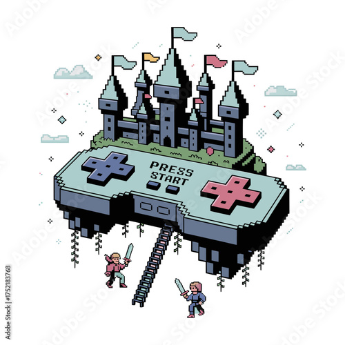 Pixel castle on giant controllers bridge, tiny players exploring, fantasy adventure scene, nostalgic eight bit gaming vector