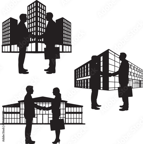 Business Partnership Silhouette – Professionals Shaking Hands in Front of Office Buildings Vector Illustration