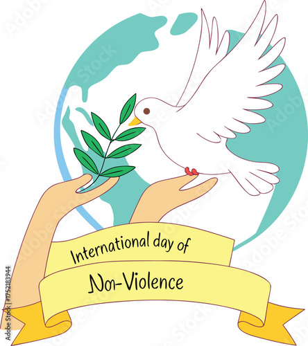 Dove holding olive branch above hands with globe and banner