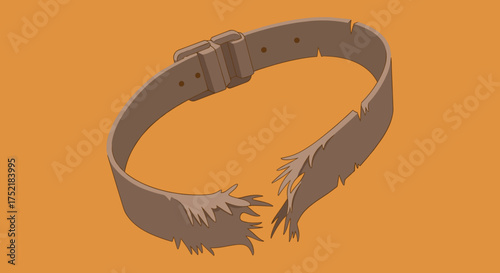 Broken brown leather belt with frayed edges and buckle.