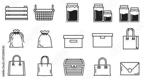 Collection of various storage containers and bags isolated on transparent background
