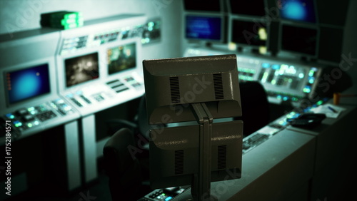 Tablou pe pânză In a dimly lit control room, high tech monitors display data and graphics while operators attentively manage various systems during late night operations