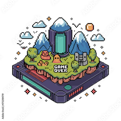 Isometric arcade city, game over billboard, ghosts surrounding platform, pixel world diorama, nostalgic console vibe, vector graphic