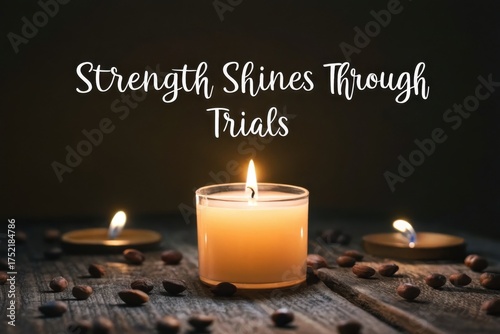 Burning Candle Glowing on Wood Surface in Dim Light