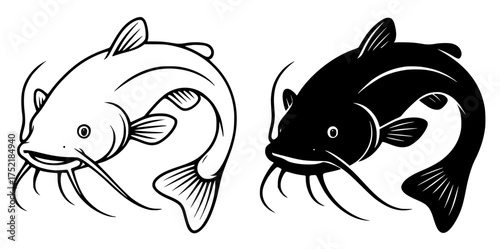 Vector catfish, outline version and silhouette version