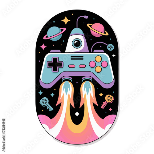 Starry space scene, controller spaceship blasting, eye beacon above, cosmic arcade vibes, colorful retro game poster vector