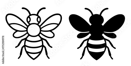Bee vector, outline version and silhouette version