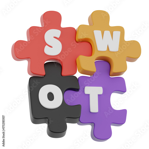 Swot Analysis Puzzle Pieces Forming Business Strategy Concept With Red Orange Black And Purple Colors On Transparent Background