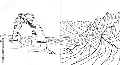 Line art depictions of natural landscapes, including an arch rock formation and a mountain range isolated on transparent background