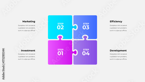 Four square puzzle tiles form a stepwise workflow, highlighting marketing, investment, development, and efficiency. Business strategy focused on collaboration and progress