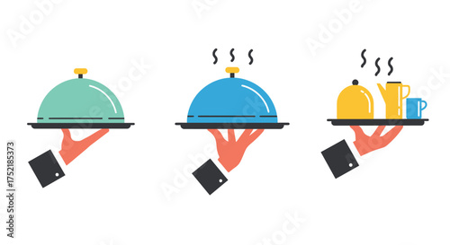 Hands serving food on trays with cloches and beverage options