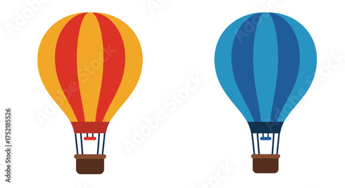 Two colorful hot air balloons with wicker baskets are displayed