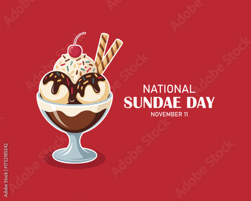 National Sundae Day vector. Chocolate ice cream cup. Decorated ice cream sundae vector. Chocolate sundae with cherry on a pink background.