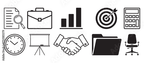 Black and white business and office icons including briefcase, handshake, chart, clock, folder, chair, calculator, and target. Perfect for presentations, infographics, websites, and corporate design 
