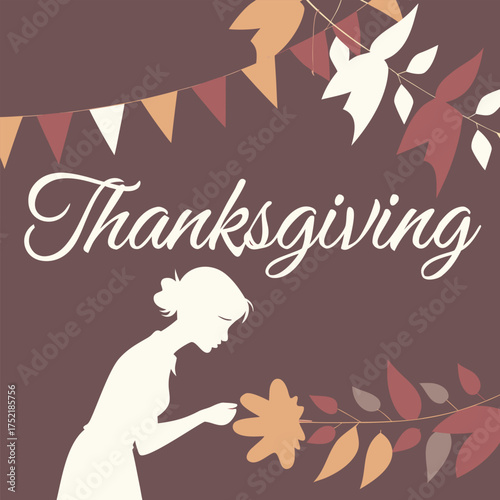 Elegant Thanksgiving illustration with a woman admiring a flower, perfect for seasonal greeting cards and holiday promotions