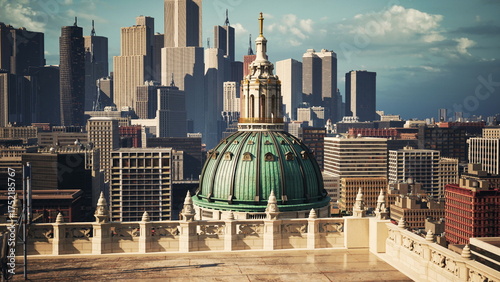 A stunning view of a historic dome surrounded by modern skyscrapers in a bustling city. The scene captures the energy of urban life under a bright sky, blending old and new architecture.