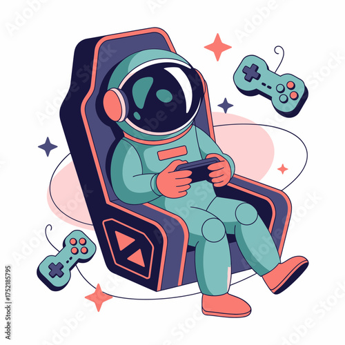 astronaut gamer seated, space chair comfort, controllers drifting, streaming vibe illustration, cosmic arcade lifestyle, friendly vector