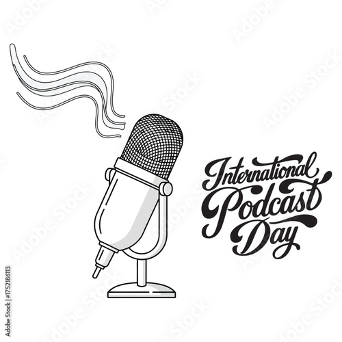 International Podcast Day Silhouette  Microphone with Sound Waves and Decorative Typography Vector
