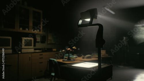 An old classroom is illuminated by a single overhead projector, casting shadows on dusty furniture. The atmosphere feels eerie with dim lighting and an unknown figure lurking in the background.