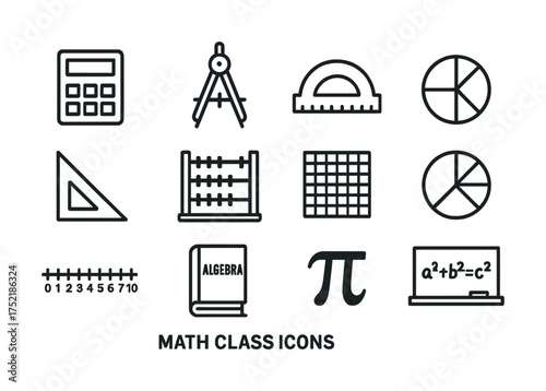 Vector Math class icons set: calculator, compass, protractor, abacus, algebra book, pi symbol, equations