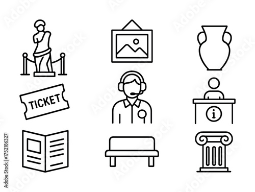 Vector Museum icons: sculpture, painting, vase, ticket, guide, information, brochure, bench, column