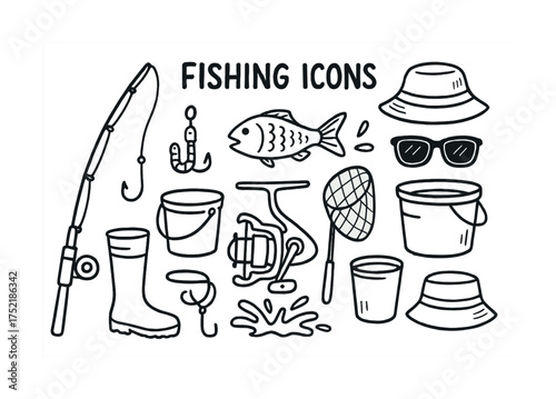 Vector Fishing equipment icons: rod, fish, hook, boot, hat, bucket, glasses