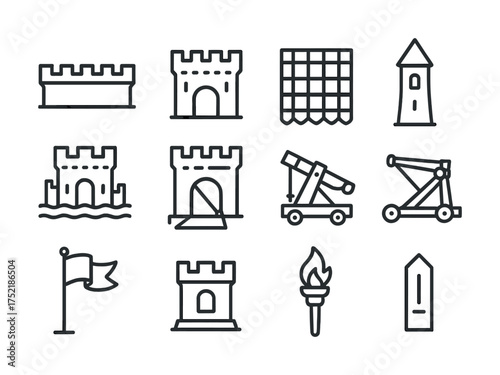 Vector Medieval icon set featuring castles, catapults, towers, flags, and torches