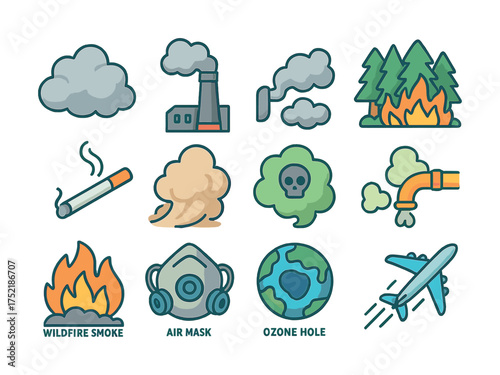 Vector Environmental pollution icons: wildfire, factory emissions, air mask, ozone hole
