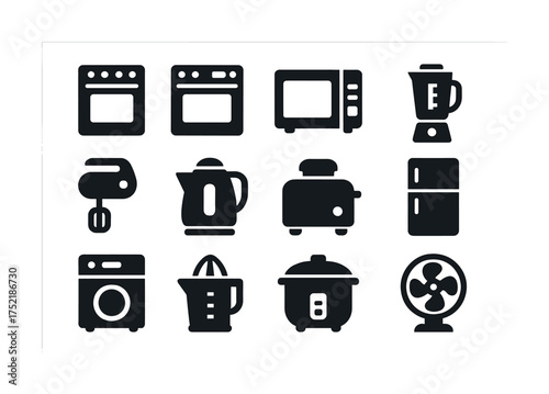 Vector Set of black kitchen appliance icons: microwave, blender, oven, mixer, toaster, fan