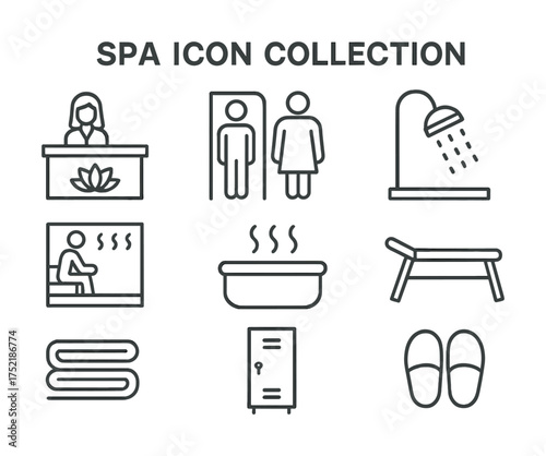 Vector Spa icon collection: reception, shower, sauna, bath, lounge, towels, locker, slippers
