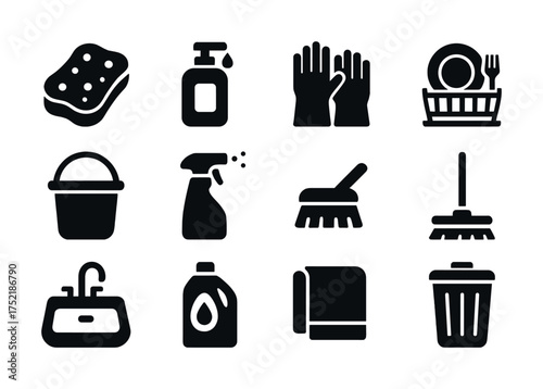Vector Cleaning tools collection: sponge, soap dispenser, gloves, dish rack, bucket, spray bottle, brush, mop, sink, detergent, towel, trash can icons