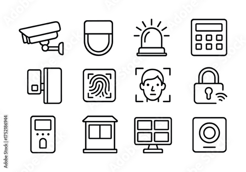 Vector Security system icons: camera, alarm, fingerprint, facial recognition, lock