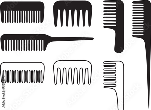 Collection of black hair comb silhouettes diverse styles for styling grooming beauty salon and barber shop essentials