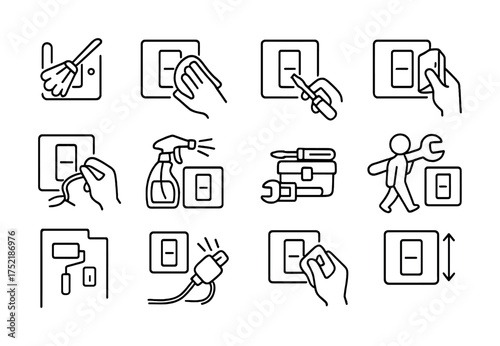 Vector Vector icons for light switch installation and maintenance steps