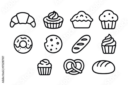Vector Assorted bakery icons set featuring pastry, bread, and desserts in simple line art style